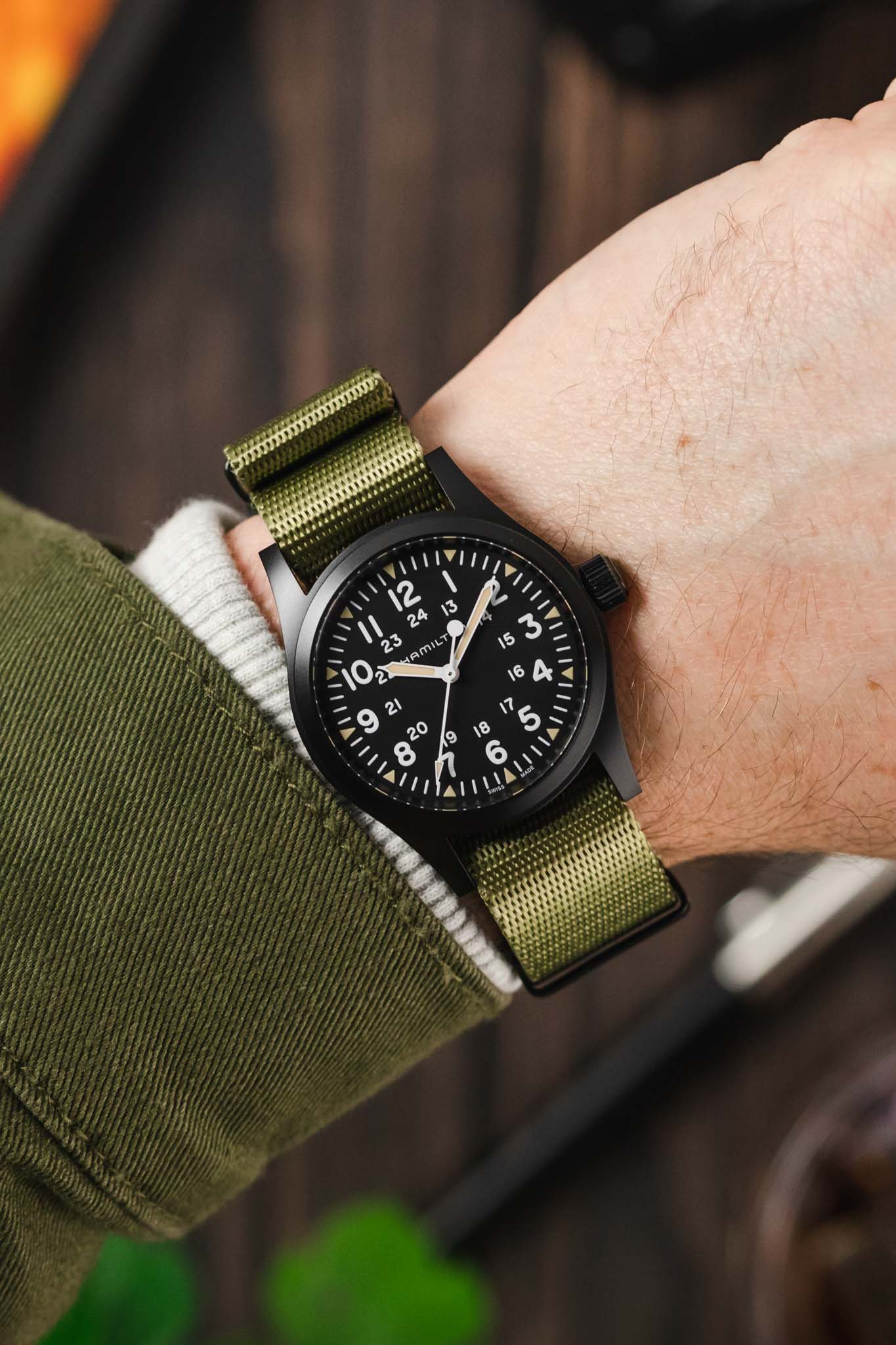 Seatbelt Nylon Watch Strap in OLIVE GREEN with BLACK PVD Hardware - Image 2