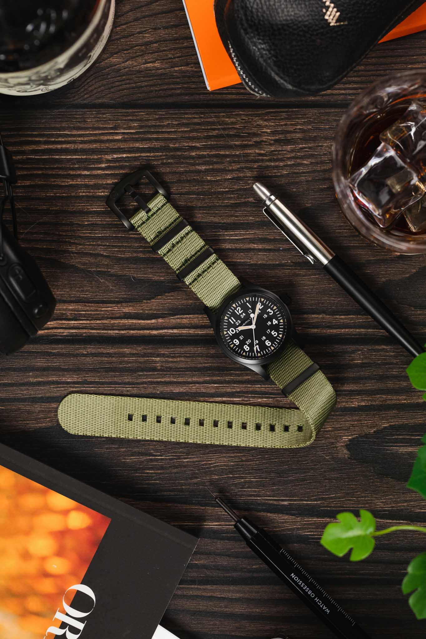 Seatbelt Nylon Watch Strap in OLIVE GREEN with BLACK PVD Hardware - Image 6