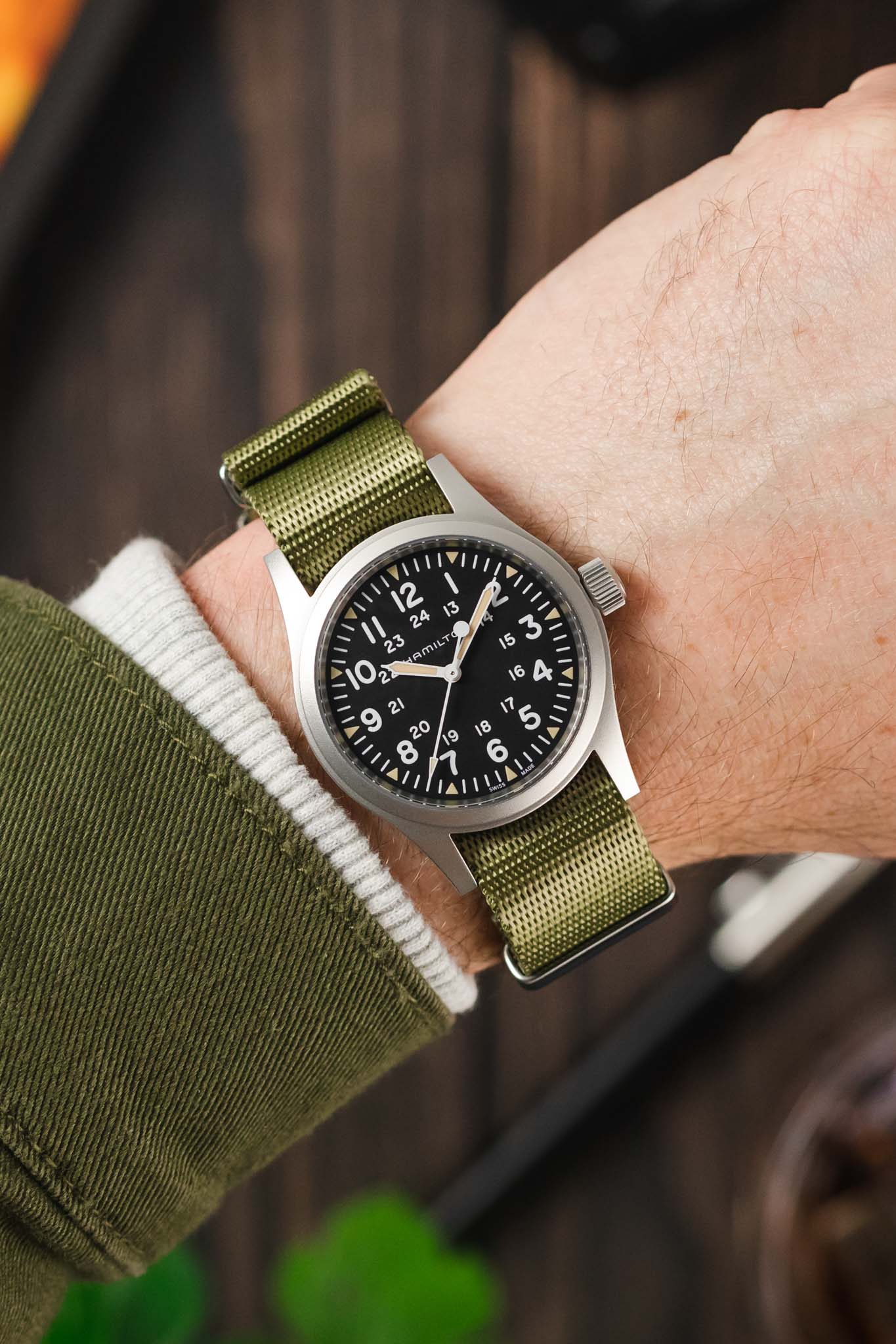 Seatbelt Nylon Watch Strap in OLIVE GREEN with BRUSHED STEEL Hardware - Image 2