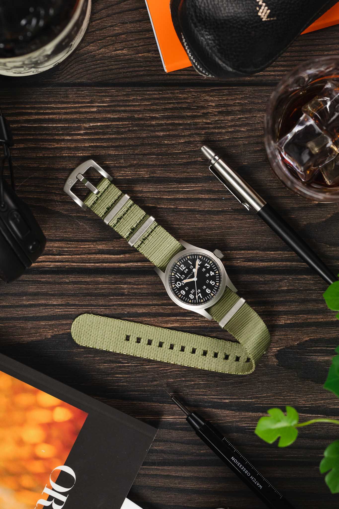 Seatbelt Nylon Watch Strap in OLIVE GREEN with BRUSHED STEEL Hardware - Image 6