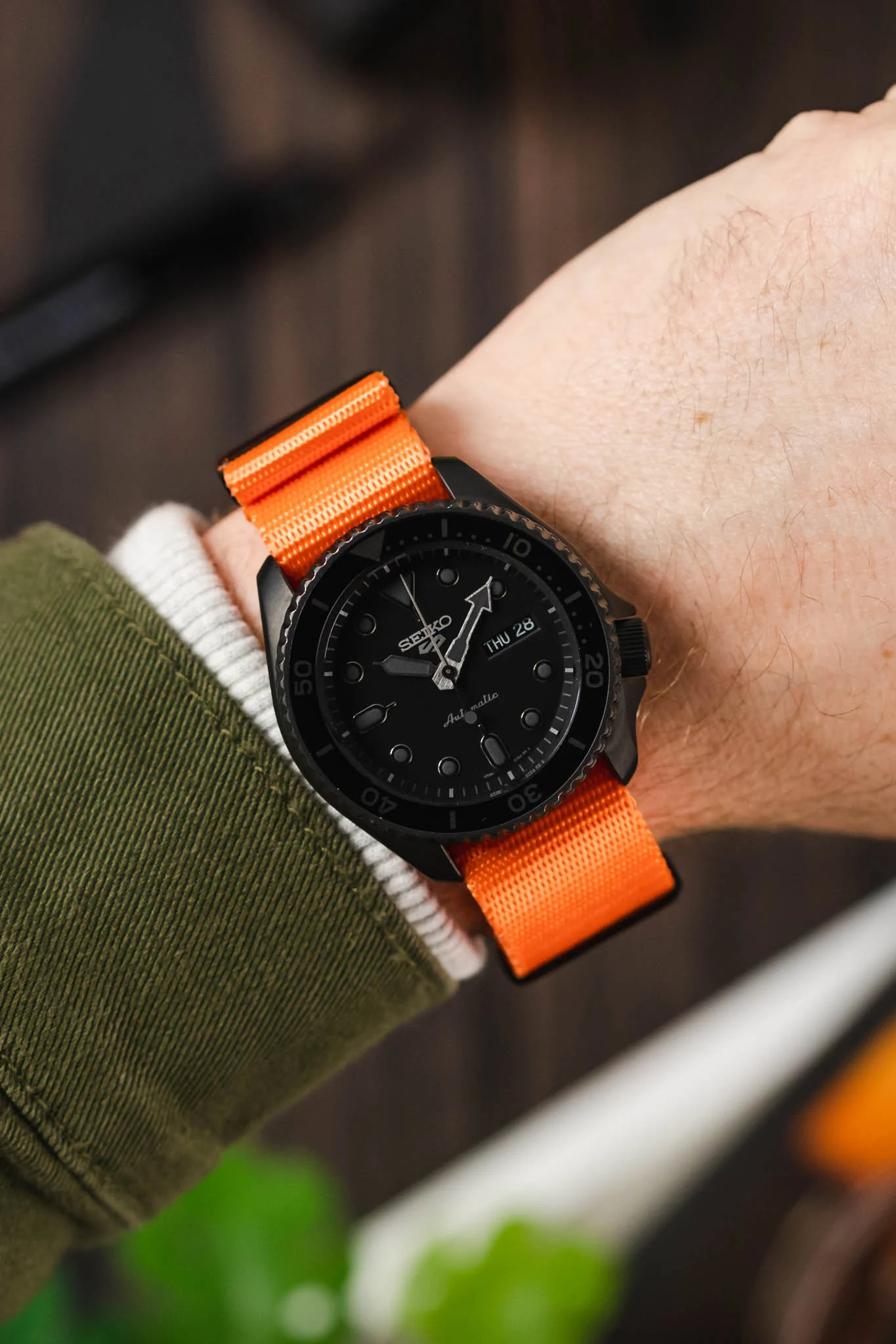 Seatbelt Nylon Watch Strap in ORANGE with BLACK PVD Hardware - Image 2