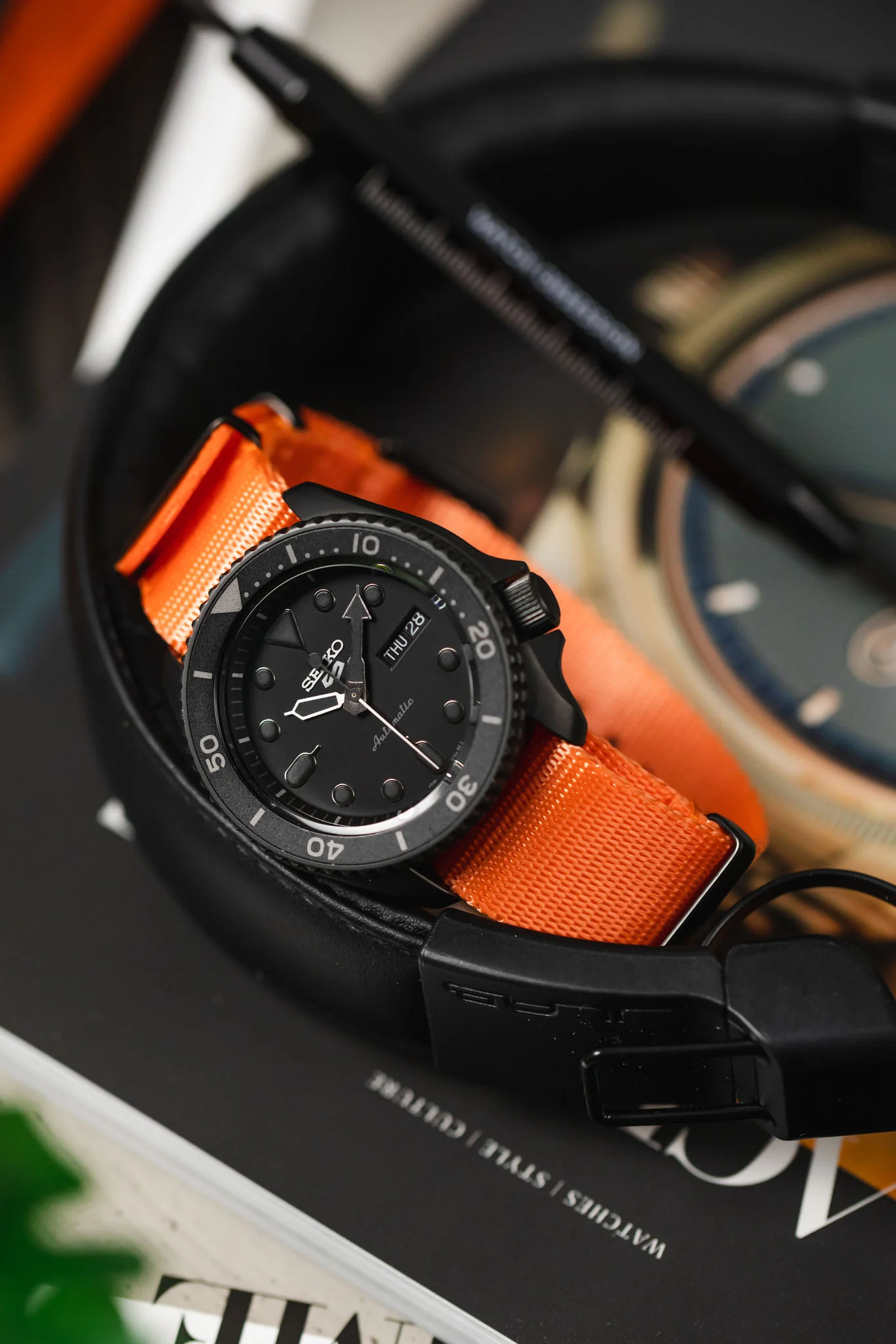 Seatbelt Nylon Watch Strap in ORANGE with BLACK PVD Hardware - Image 4