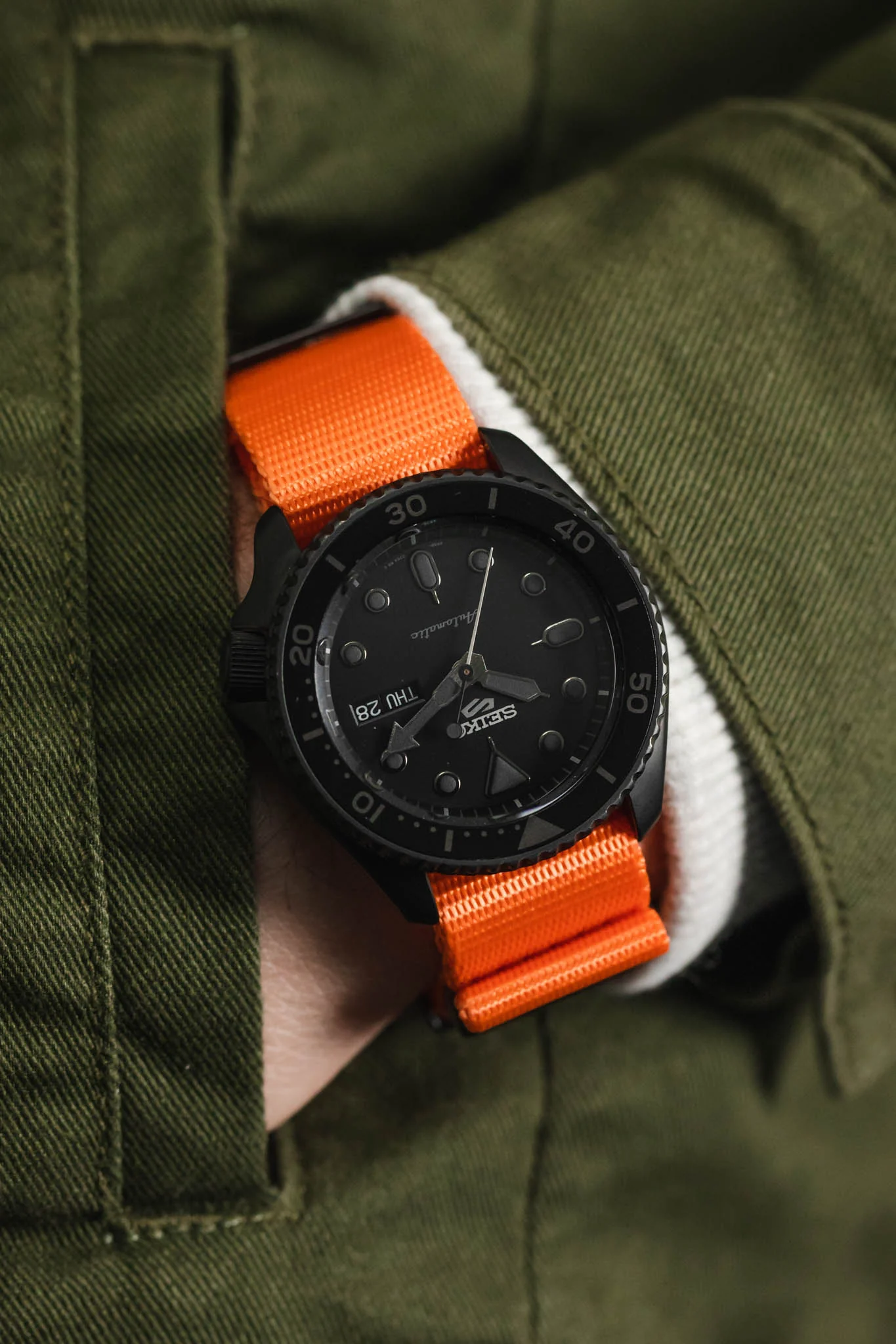 Seatbelt Nylon Watch Strap in ORANGE with BLACK PVD Hardware - Image 6