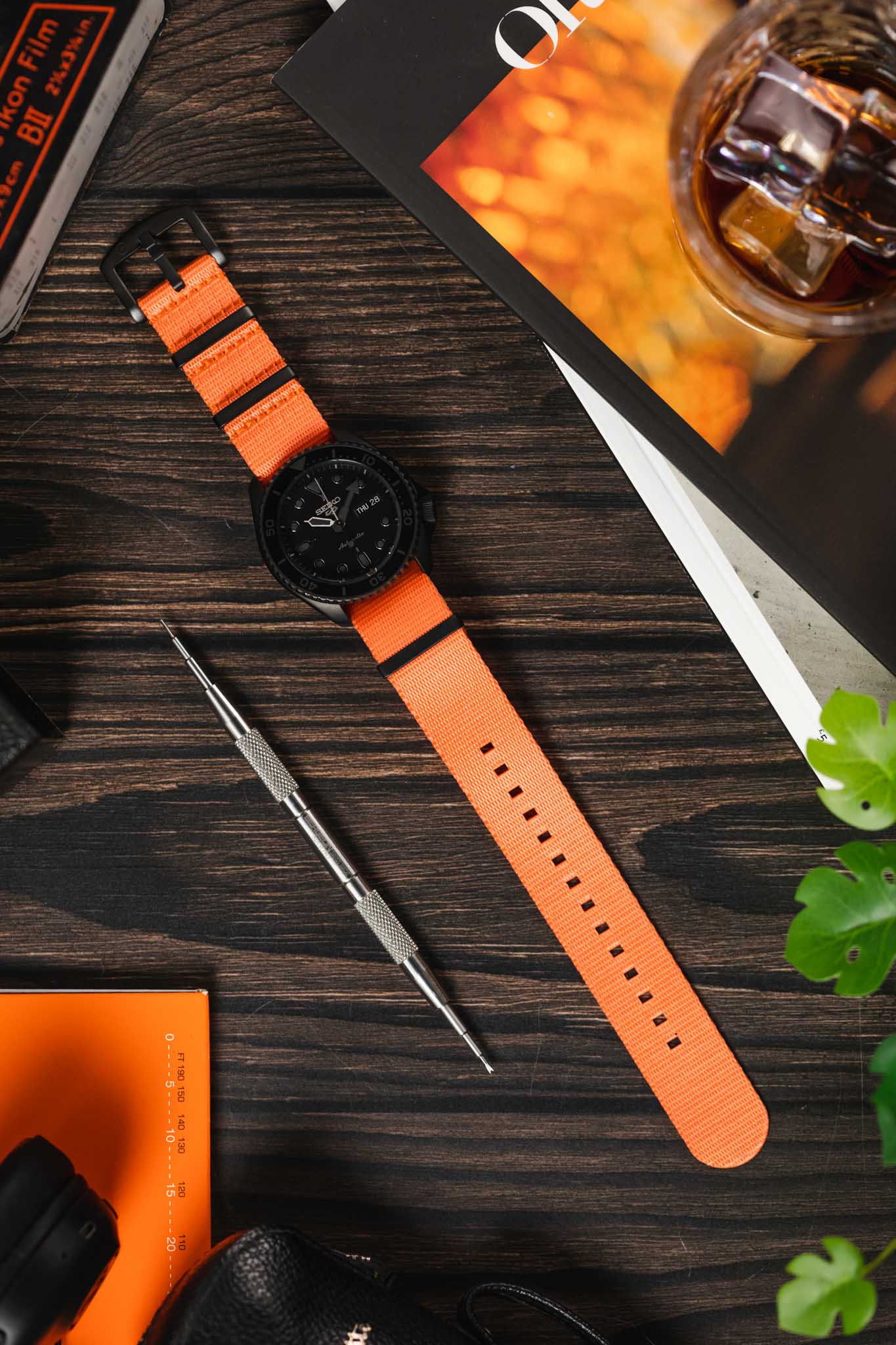 Seatbelt Nylon Watch Strap in ORANGE with BLACK PVD Hardware - Image 8