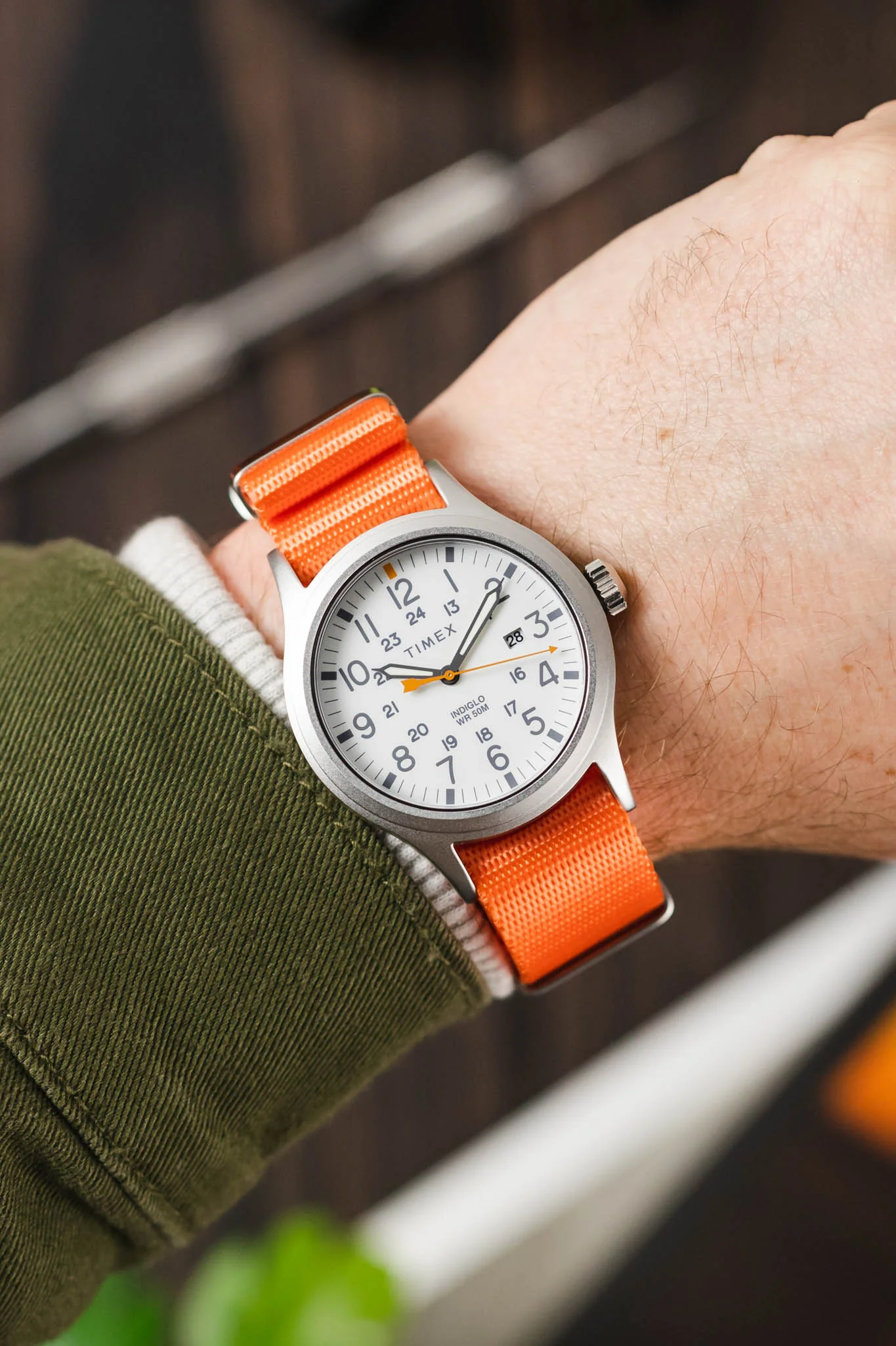 Seatbelt Nylon Watch Strap in ORANGE with BRUSHED STEEL Hardware - Image 2