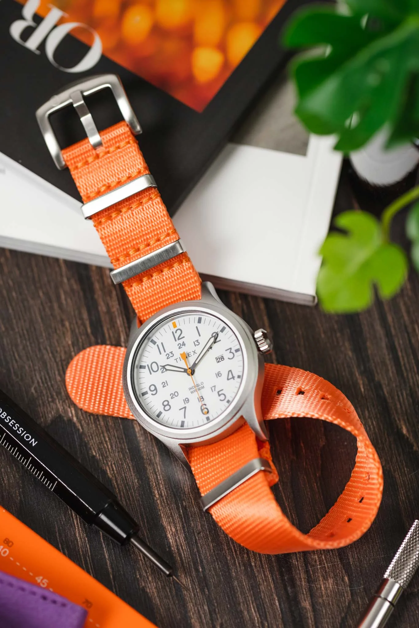 Seatbelt Nylon Watch Strap in ORANGE with BRUSHED STEEL Hardware - Image 4
