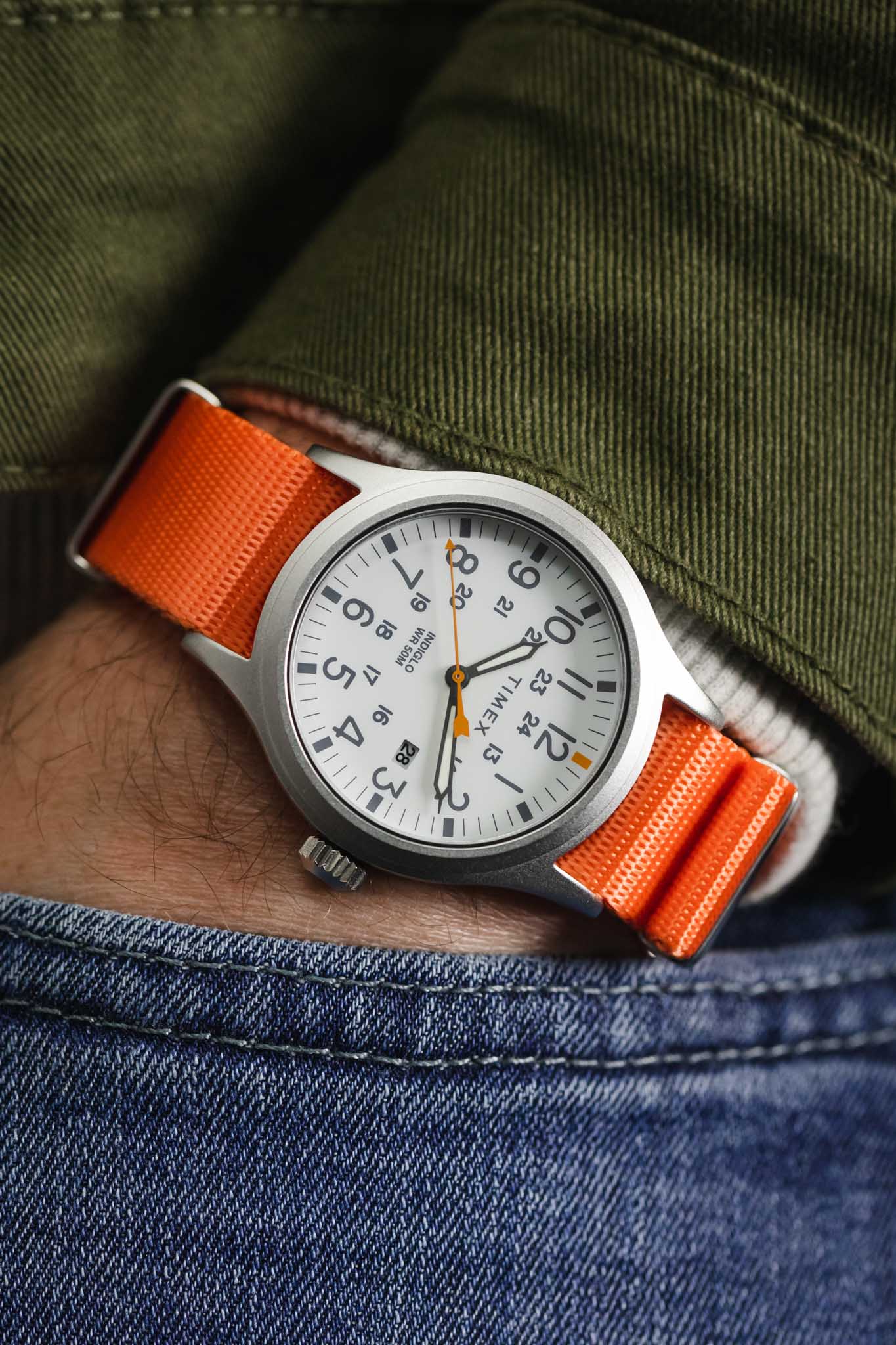 Seatbelt Nylon Watch Strap in ORANGE with BRUSHED STEEL Hardware - Image 6