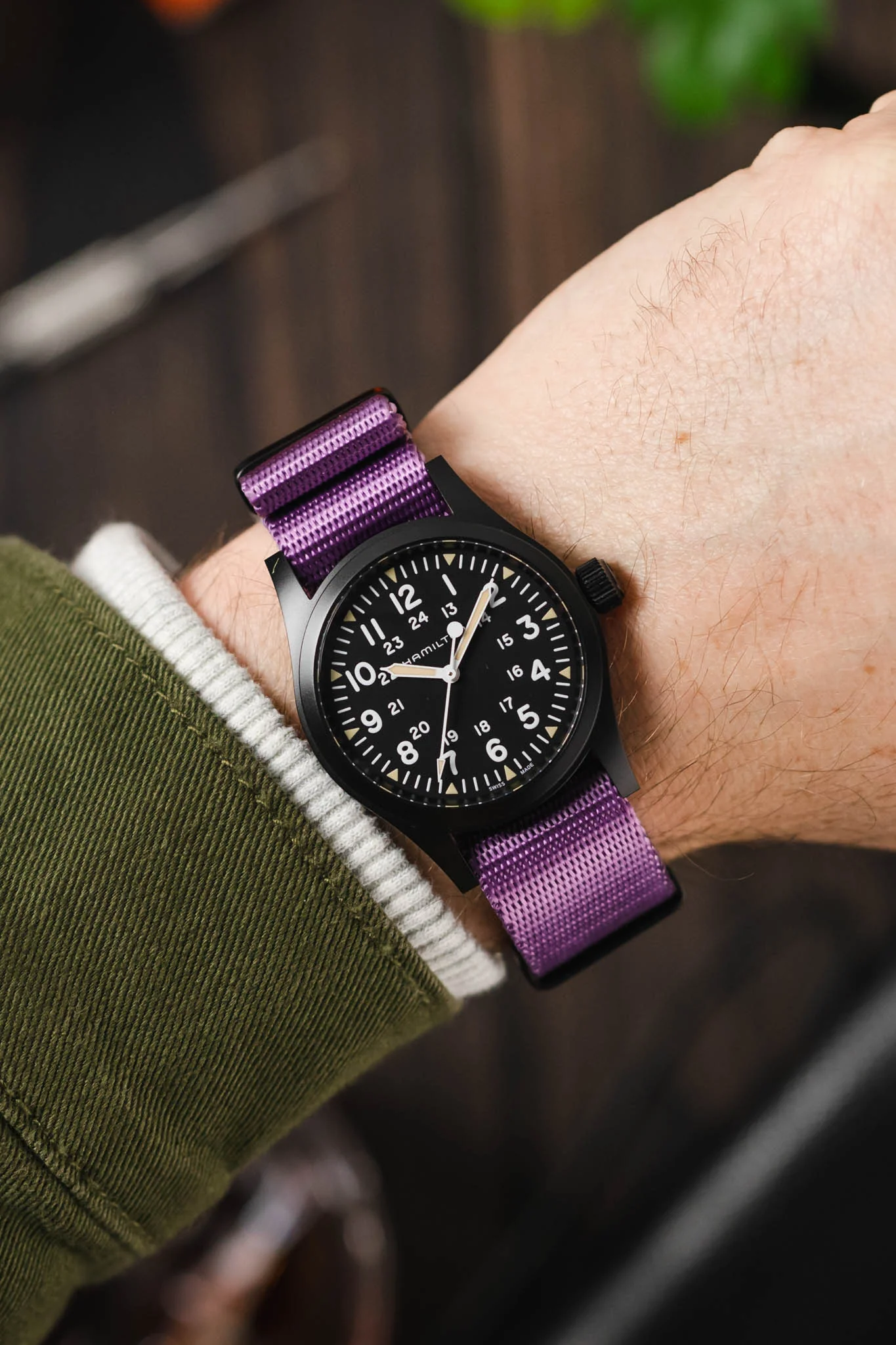 Seatbelt Nylon Watch Strap in PURPLE with BLACK PVD Hardware - Image 2
