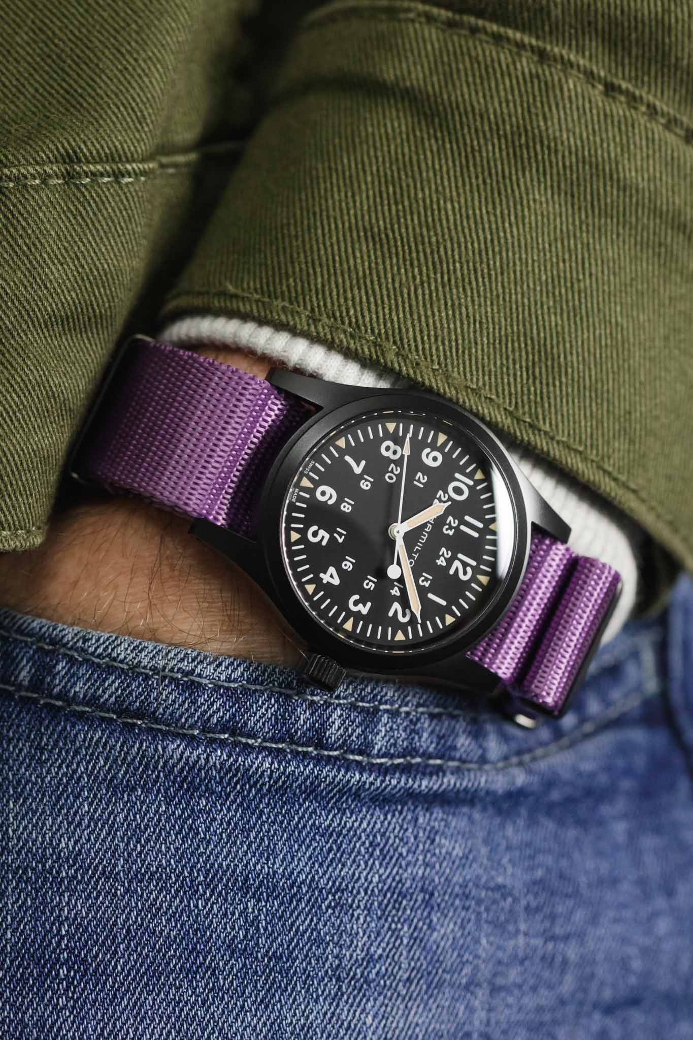 Seatbelt Nylon Watch Strap in PURPLE with BLACK PVD Hardware - Image 6