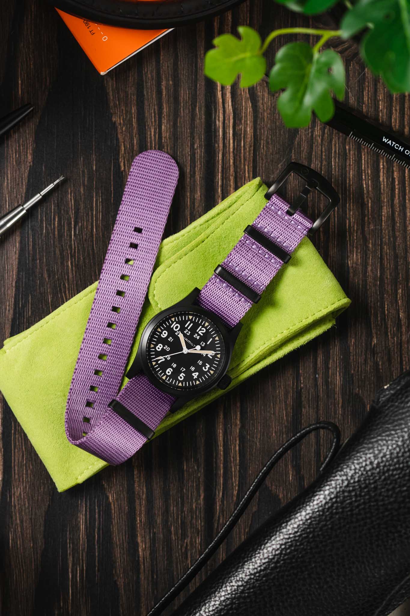 Seatbelt Nylon Watch Strap in PURPLE with BLACK PVD Hardware - Image 8