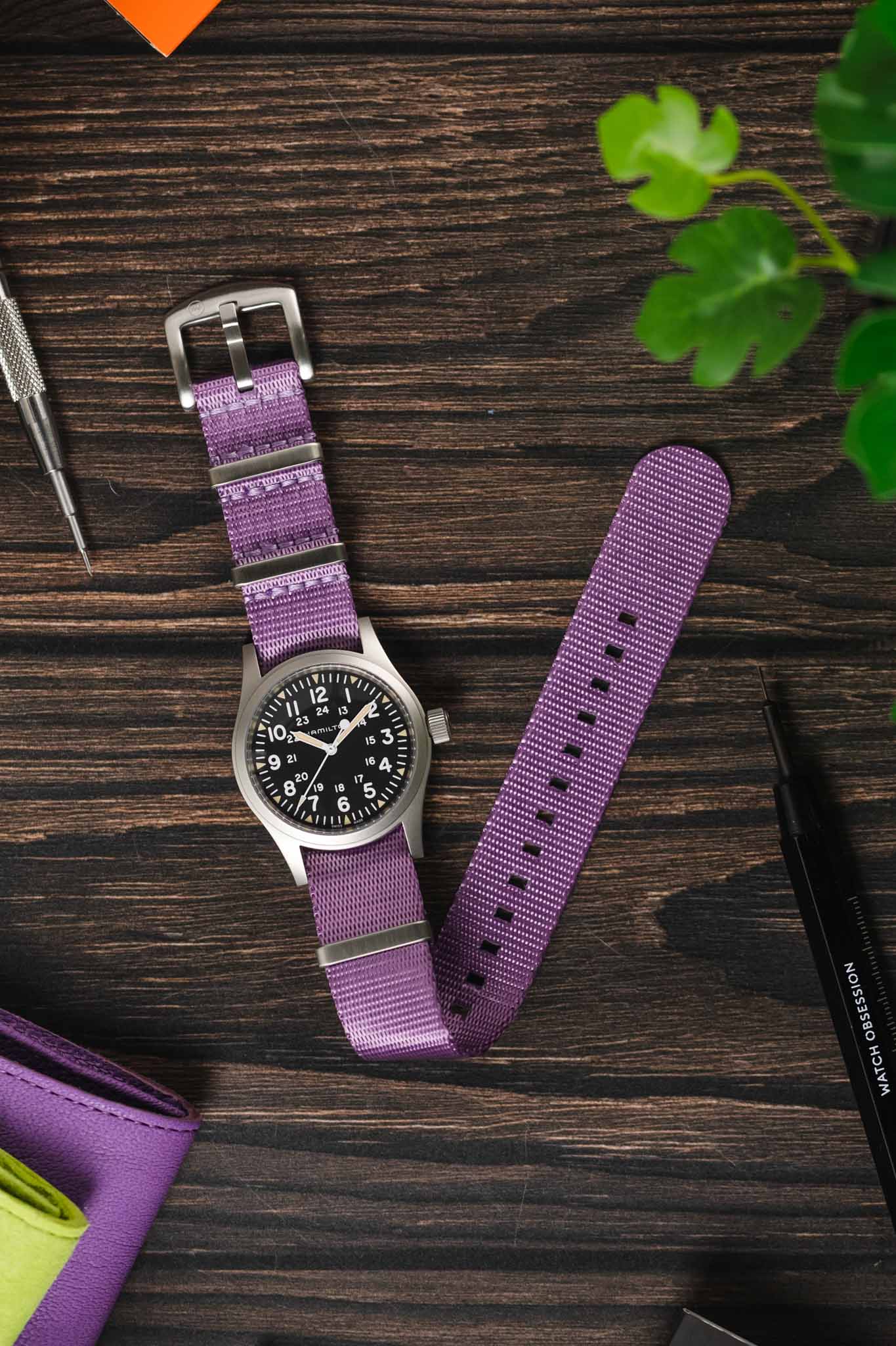 Seatbelt Nylon Watch Strap in PURPLE with BRUSHED STEEL Hardware - Image 8