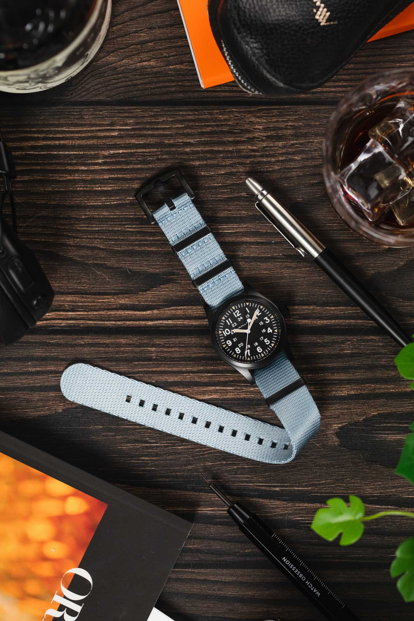 Nylon Seatbelt One-Piece Watch Strap in SKY BLUE with BLACK PVD Hardware - Image 6