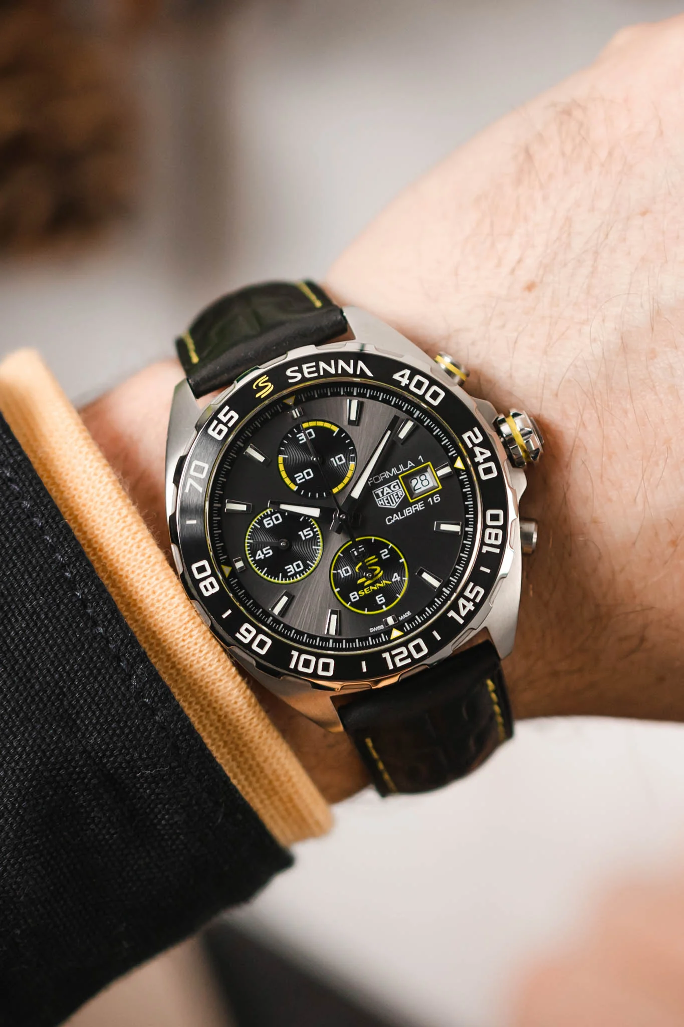 TAG HEUER CAZ201B.FC6487 Formula 1 × Senna 44mm Automatic Chronograph – Black Dial & Leather Strap - Image 2